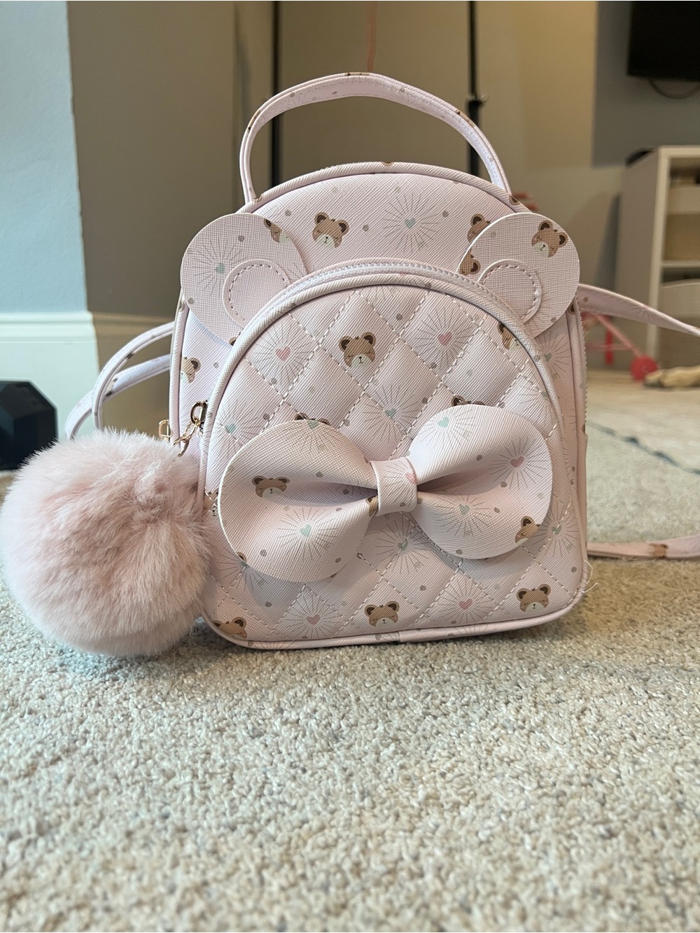 Under One Sky Light Pink Quilted Kids Backpack with Bow & Pom